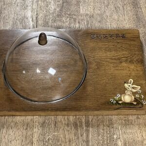 MCM VTG Wood Cheese Cracker Board Glass Dome Tray Charcuterie Mouse with Flowers